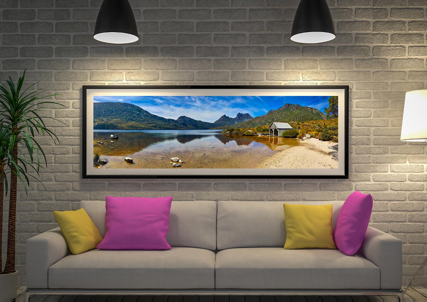 Dove Lake and Cradle Mountain panorama, cool Tasmanian tones for a WA lounge