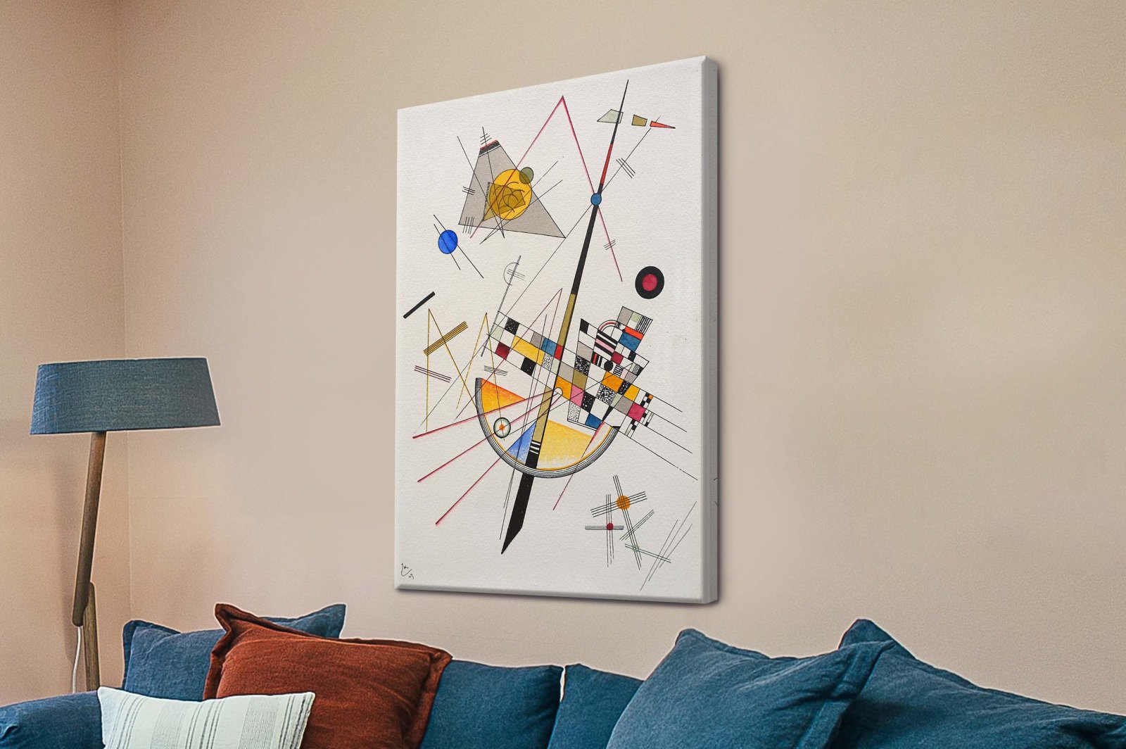 Wassily Kandinsky abstract composition canvas print with circles, lines and primary colour blocks framed in white on a warm living room wall