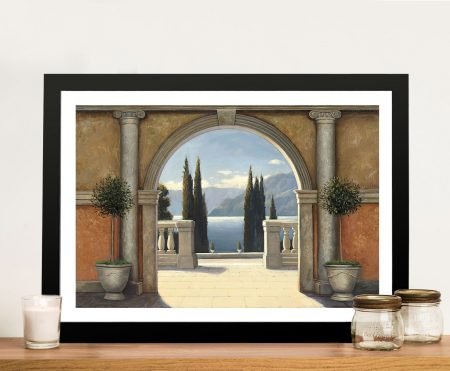 Framed canvas of an Italian balcony, warm sunny palette for a bright lounge