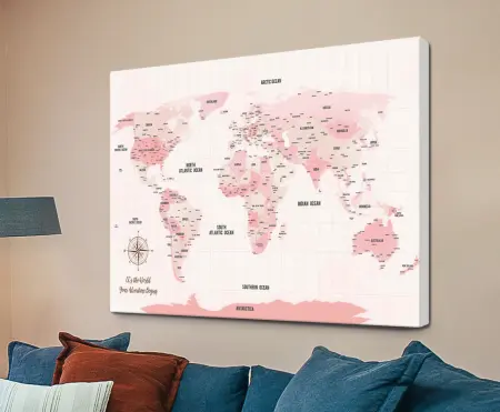Pink Shades World Travel Map Canvas Print