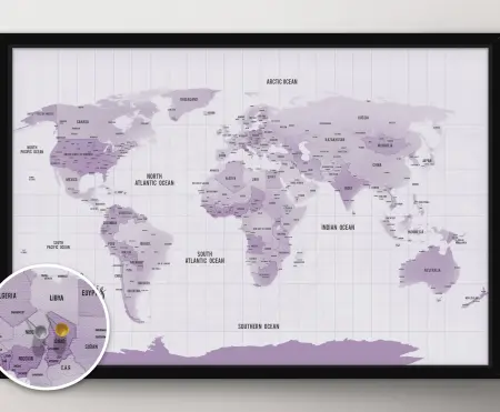 Custom canvas of Purple Shades Push Pinmap — custom wall art hand-printed in Australia