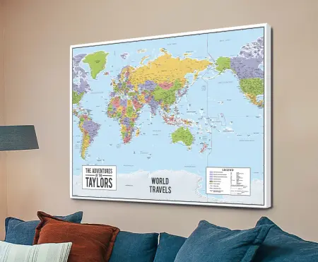 Personalised canvas: Asia Pacific Centred Pushpin Map with bespoke names and dates printed in our Australian studio