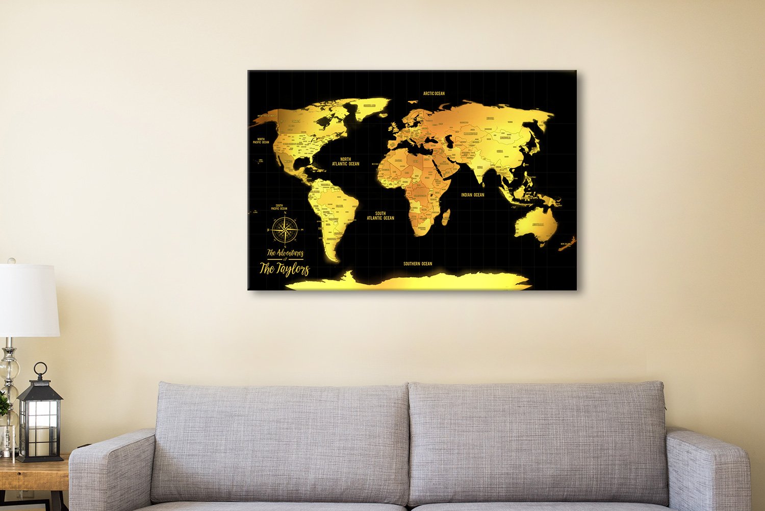 Dark world map artwork with gilded gold coastlines and borders