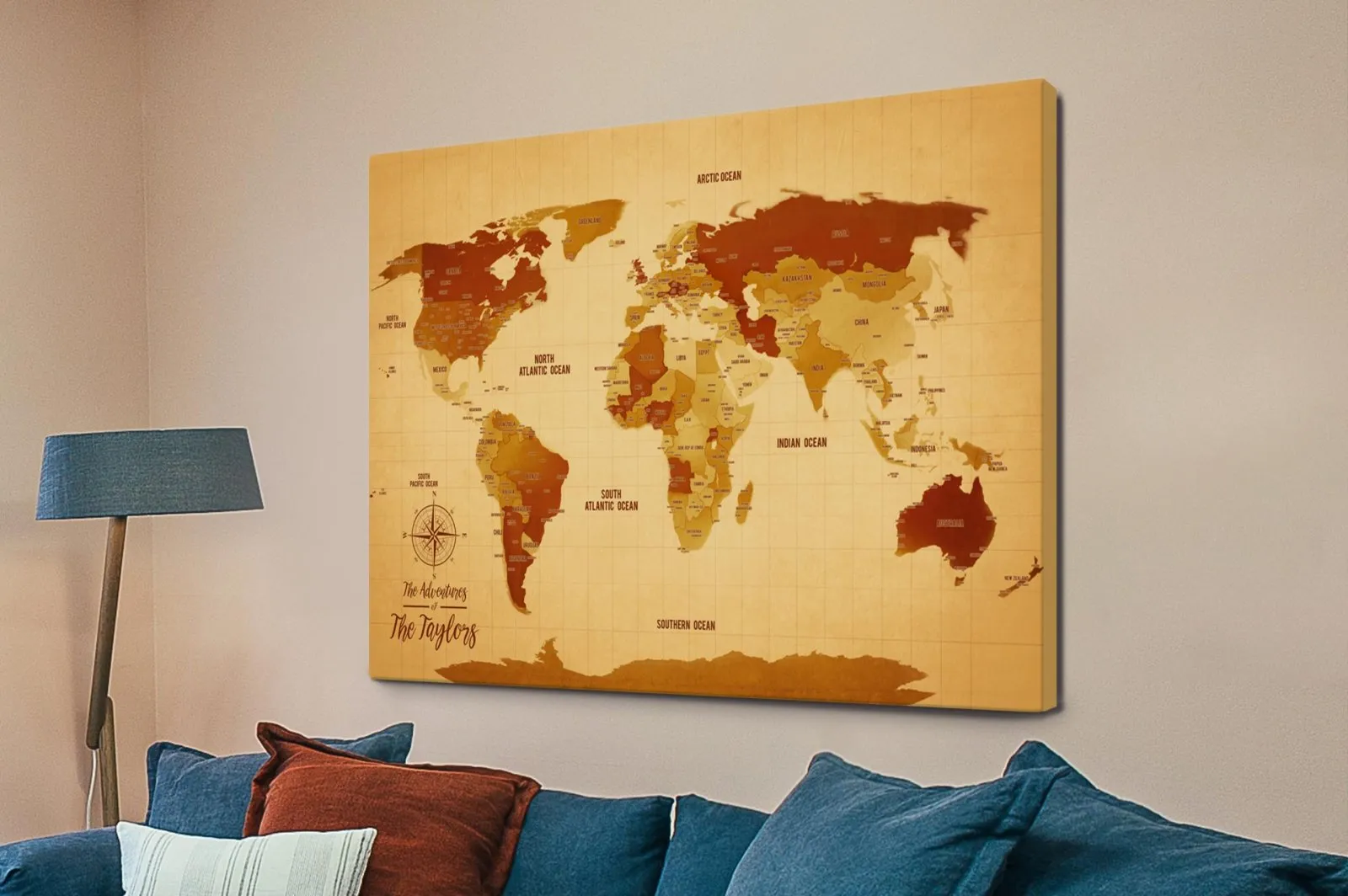 Vintage-shade push-pin world map on canvas for marking travels
