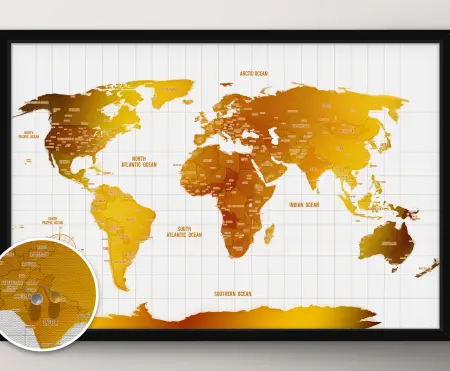 White & Gold Push Pin Map Personalised Travel Map Wall Pictures