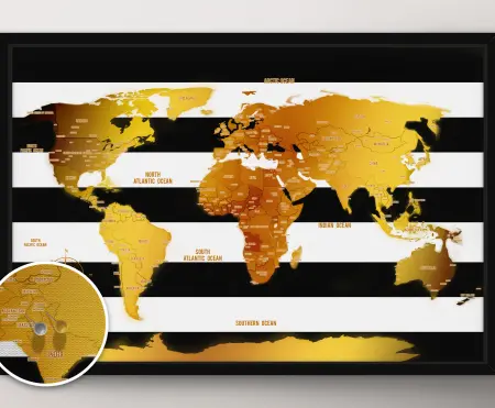 White Stripes & Gold Push Pin Travel Map Wall Art