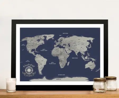 Navy Blue Silver Personalised Framed Wall Art Map