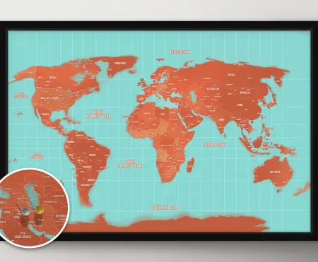 Turquoise And Orange World Map Framed Wall Art
