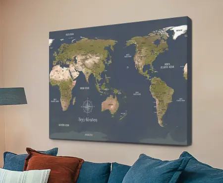 Australia Pacific Centred Charcoal Push Pin Travel Map Canvas Artwork Print Wall Decor