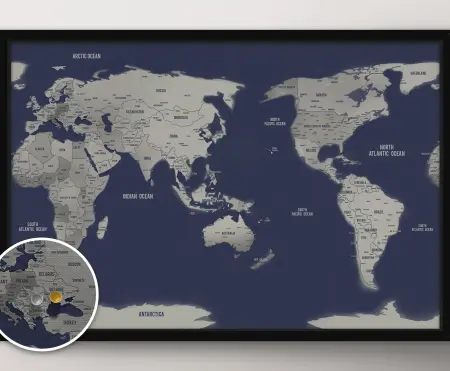 Custom navy blue Australia-centred world map framed push pin print