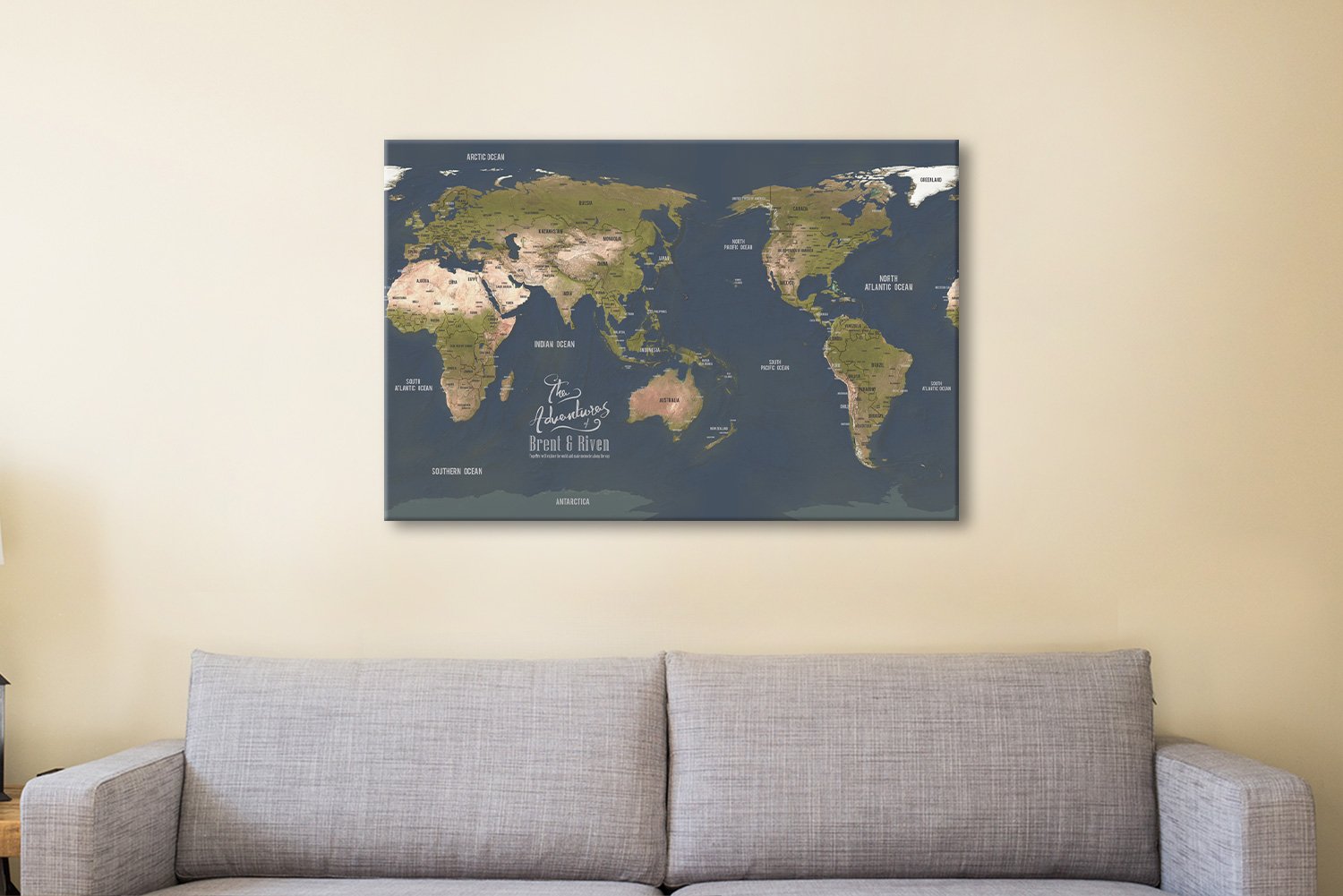 Charcoal central Pacific map on canvas, deep grey cartography tones for an office