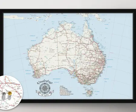 Australia Light Blue Map Art with Push Pins