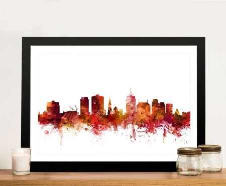 Watercolour canvas of the Christchurch skyline, soft muted palette for a modern lounge