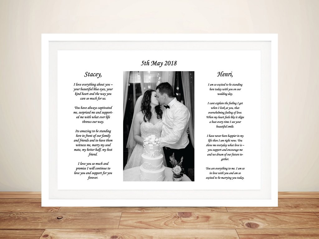 Framed wedding canvas with a couple photo and italic vows