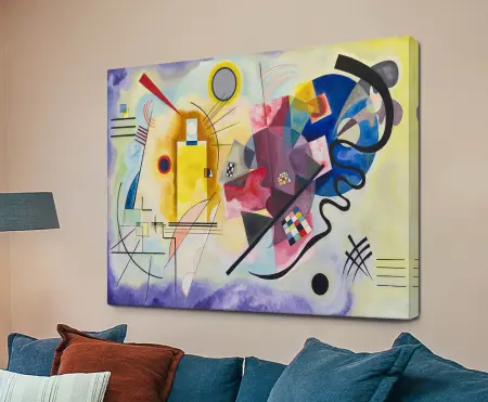 Wassily Kandinsky Jaune Rouge Bleu canvas print, a yellow trapezoid, magenta grid and cobalt arc linked by black lines