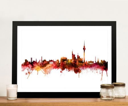 Watercolour canvas of the Berlin skyline, soft muted palette for a modern lounge