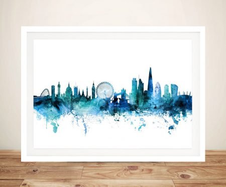 London skyline in blue framed wall art with Tower Bridge and the Shard