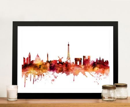 Watercolour canvas of the autumnal Paris skyline, warm muted palette for a lounge