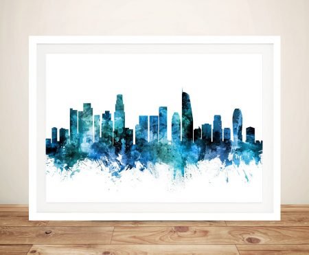 Los Angeles skyline in blue framed wall art with downtown high rises