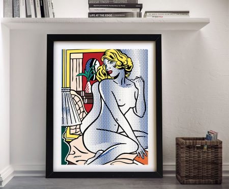 Pop art canvas of Blue Nude by Roy Lichtenstein, bold blue palette for a modern lounge