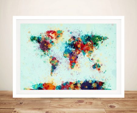 Canvas print of a world map in colourful paint splashes with a bold expressive style