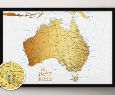 Australia White & Gold Push Pin Map Wall Art Print with Push Pins