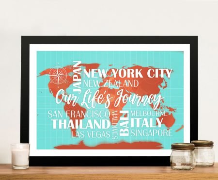 Custom Turquoise and Orange Map with Words Framed Wall Art