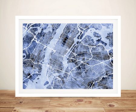 Framed canvas print of a New York City street map in soft grey with fine road detail