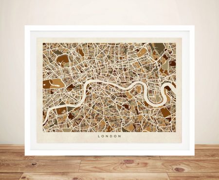 Canvas print of a London street map in earthy rust tones with detailed road layout