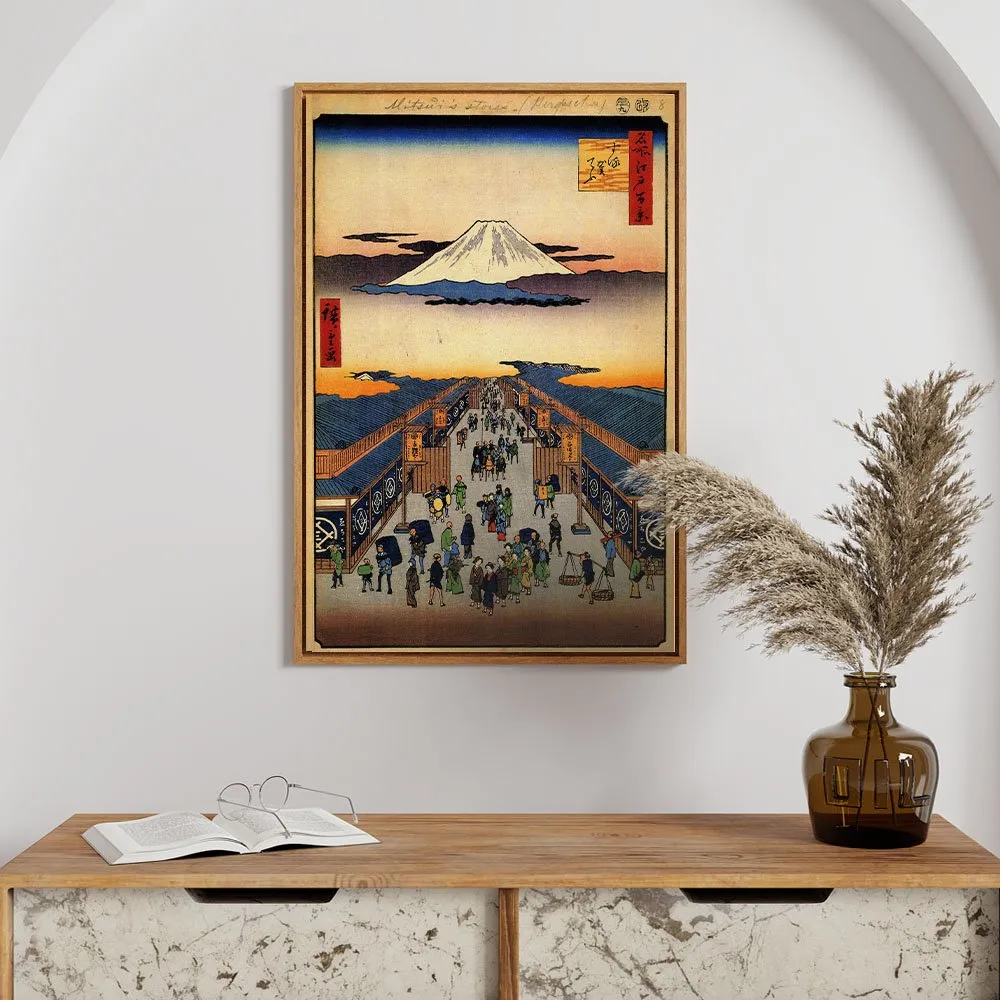 Framed print of Suruga Cho by Hiroshige, calm ukiyo-e mood for a Perth hallway