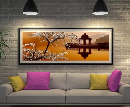 Sakura pagoda landscape, a serene pagoda among pink cherry blossoms in soft eastern light