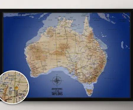 Australia Sea Blue push pin map canvas wall art personalised