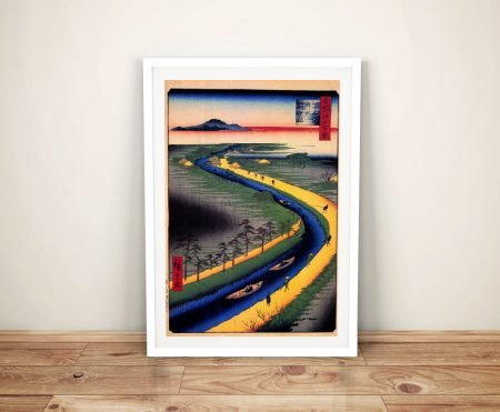 Framed canvas print of Towboats Along the Yotsugi by Hiroshige in classic woodblock style
