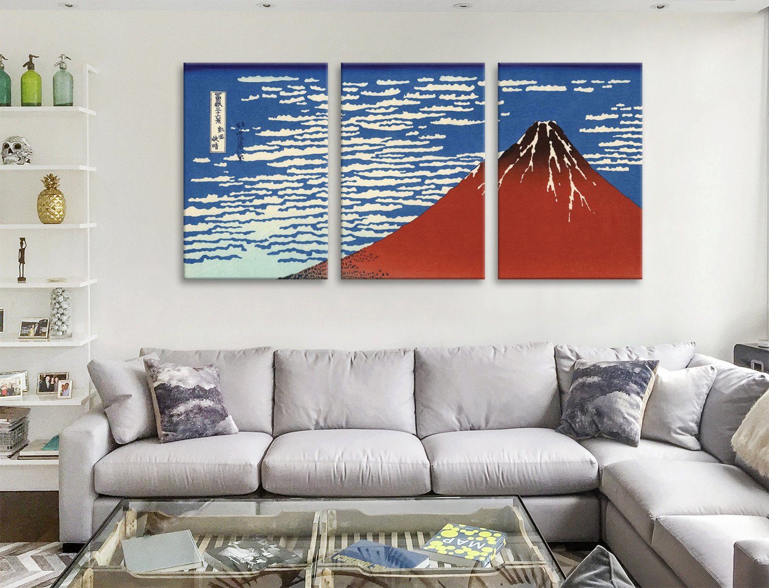 Red Fuji Southerly Wind by Hokusai triptych, warm woodblock for a WA lounge