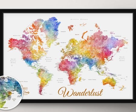 Multi-coloured watercolour splash world map with vivid, bleeding continents, framed print