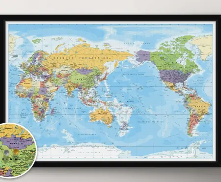 Personalised Pacific-centred Australia World Map canvas print - ocean blue push pin travel map with custom location markers