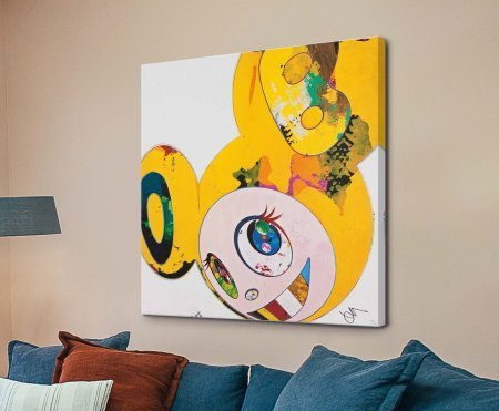Canvas print showing Murakami’s bright character with large yellow ears, a pink face and multicoloured patterns across the artwork.