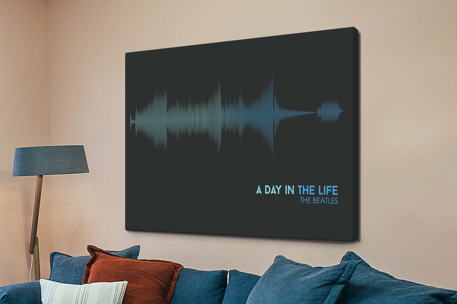 Canvas print of The Beatles A Day in the Life linear soundwave, clean graphic mood for a Perth study