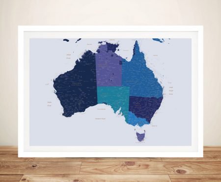 Australia blue and gold framed map, refined cartography in rich navy and gilt