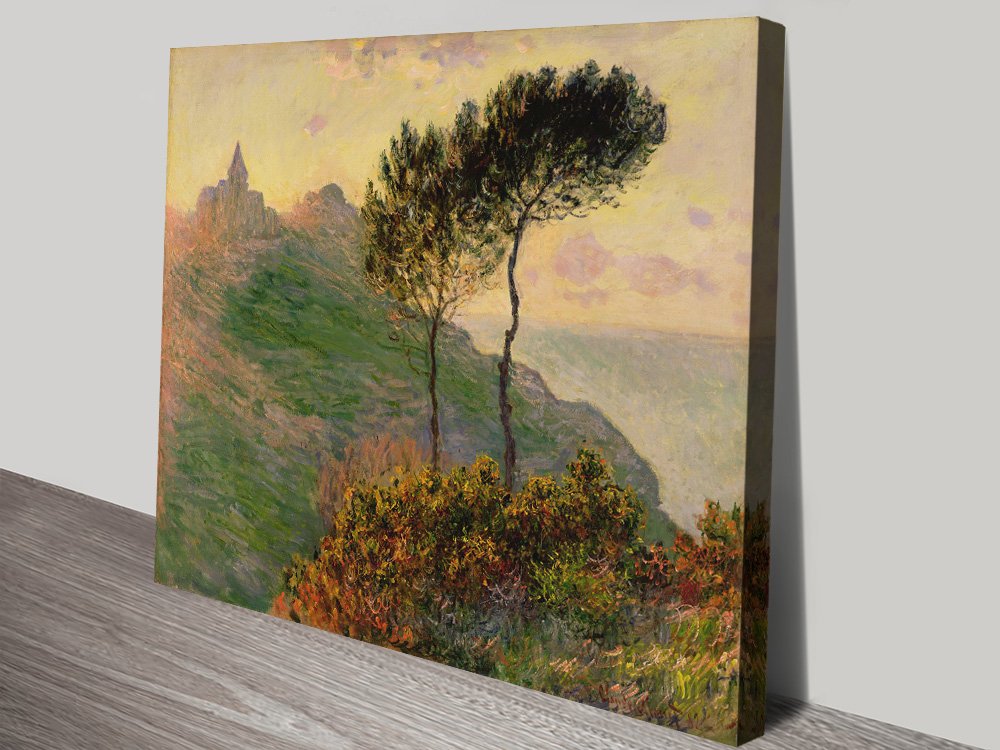 Monet Church at Varengeville, coastal chapel in soft gold, rose and hazy blue