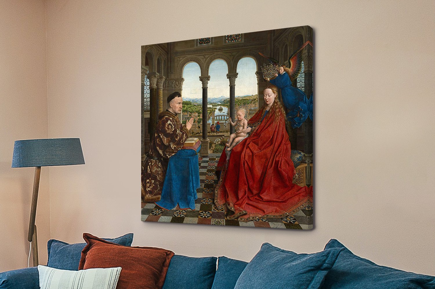 Canvas print of The Virgin with Chancellor Rolin by Jan van Eyck, warm classical mood for a Perth lounge