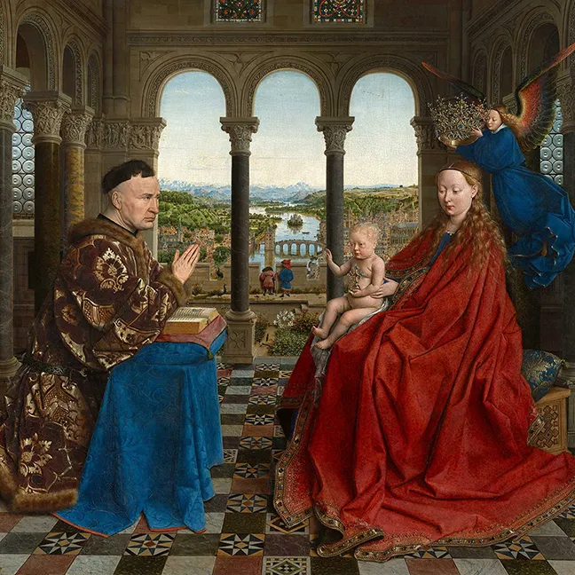 Canvas print of The Virgin with Chancellor Rolin by van Eyck, rich classical mood for a Perth study