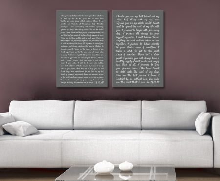 Personalised wedding vows canvas pair in grey, soft palette for a Perth bedroom