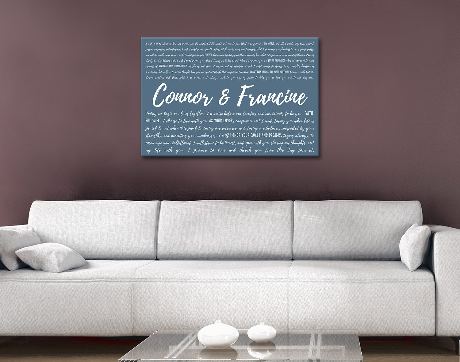 Personalised wedding vows canvas in soft classic typography for a couple