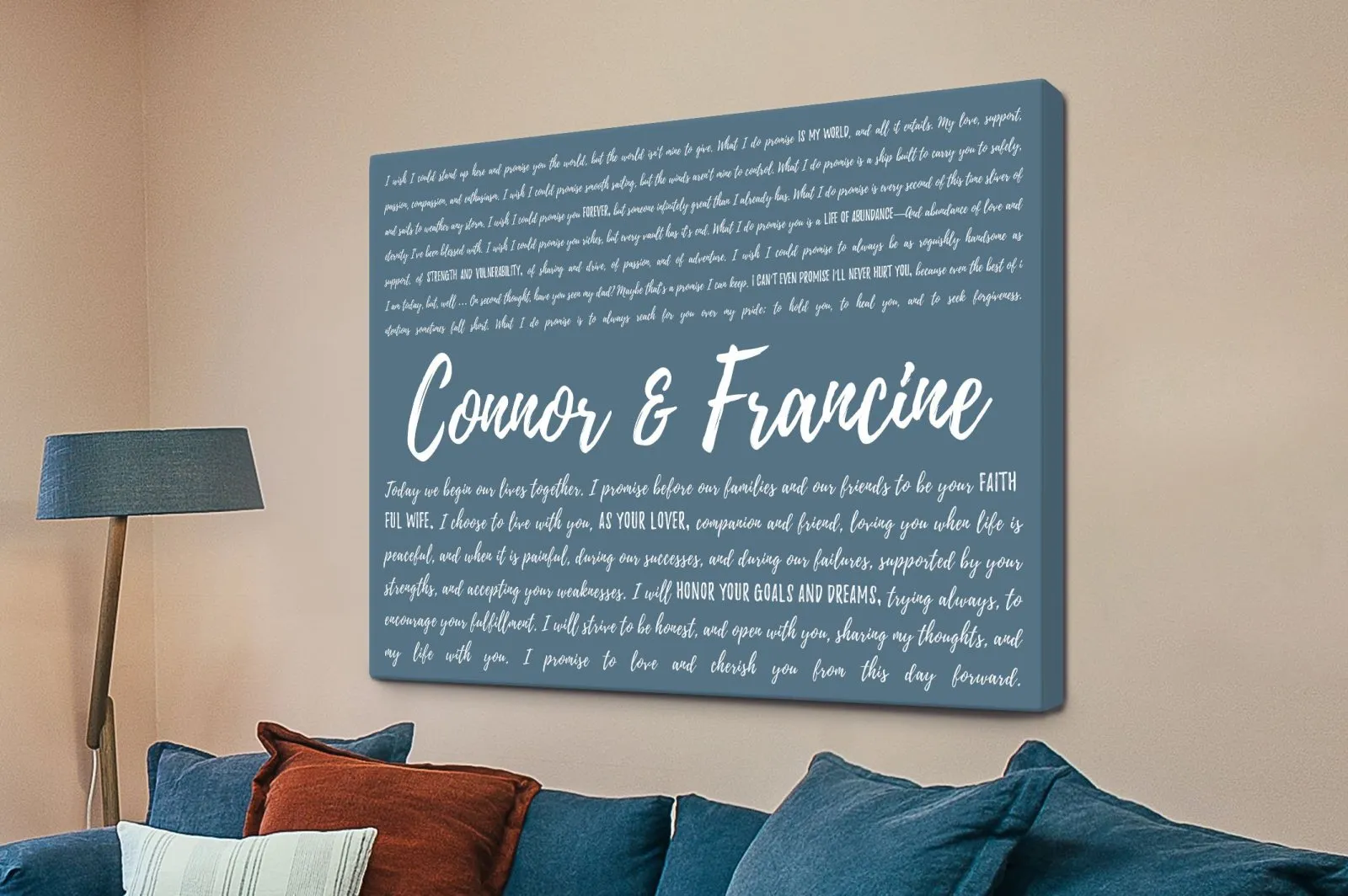 Personalised wedding vows art with a couple's own words in fine type