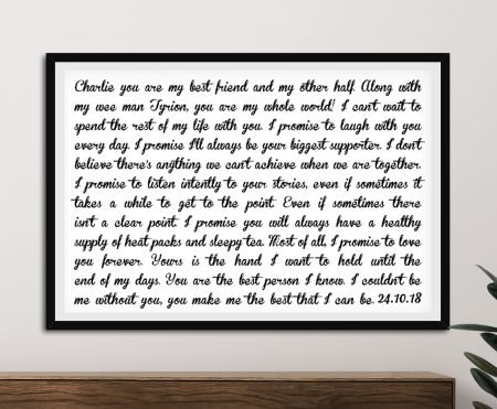 Personalised wedding vows art in a landscape layout with fine type