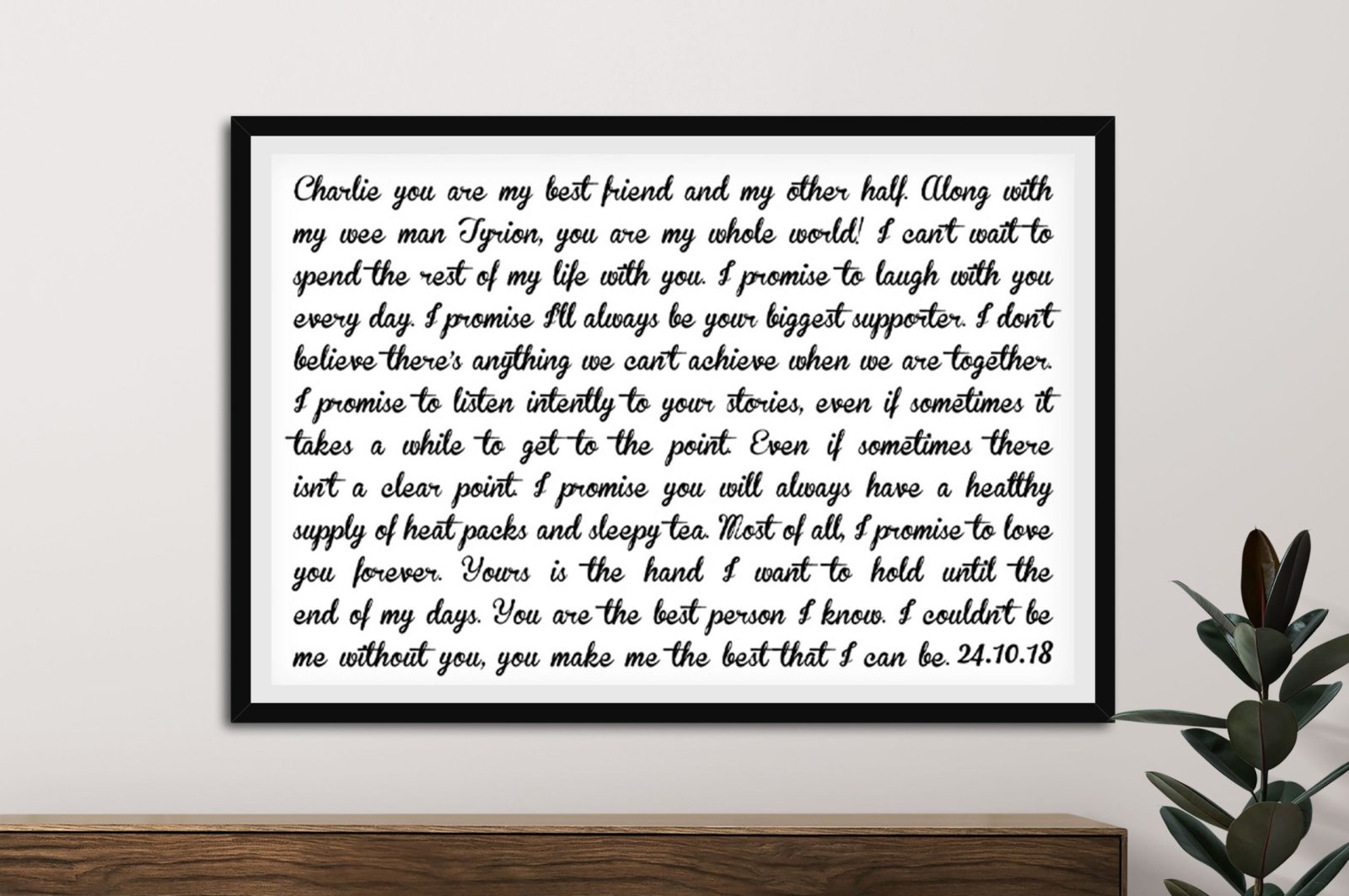 Personalised wedding vows art in a landscape layout with fine type