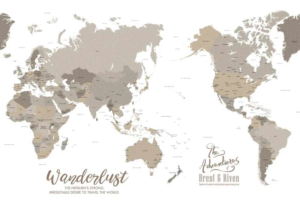 Bronzed Pacific Australia centred push pin world map - size variant showing available canvas print dimensions