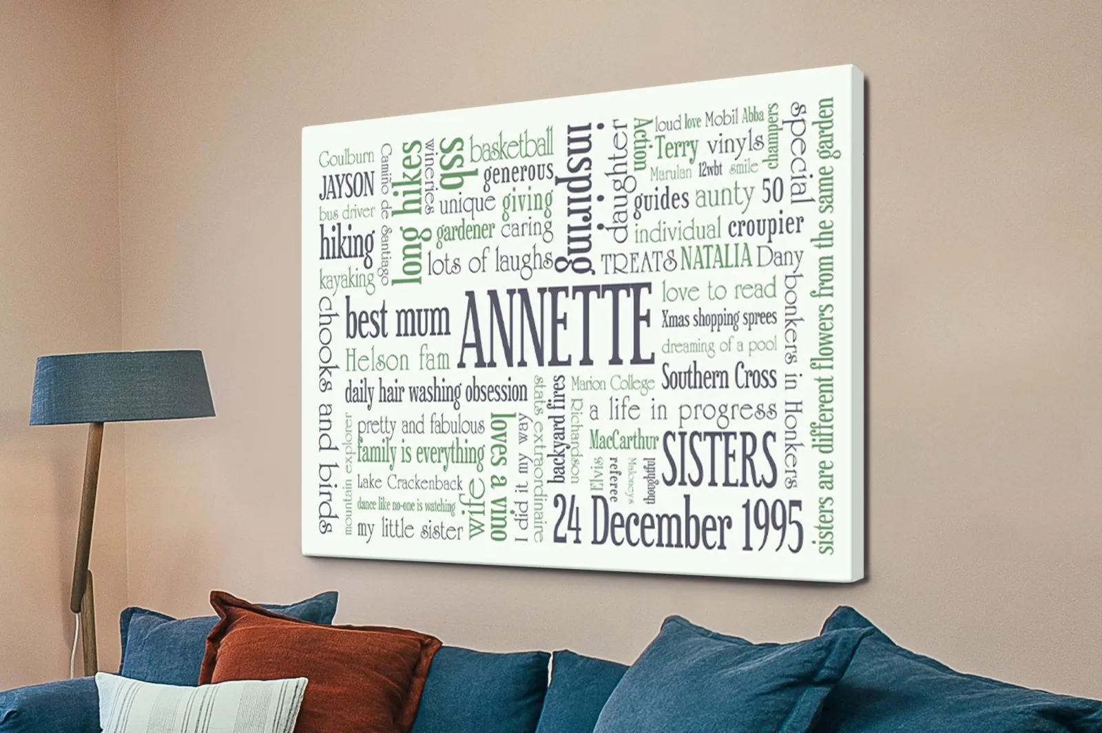 Forest Tones personalised canvas with custom words in green hues