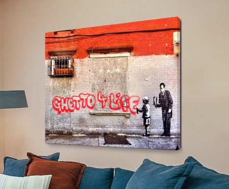 Ghetto 4 Life by Banksy on canvas - provocative, street-art and hand-stretched